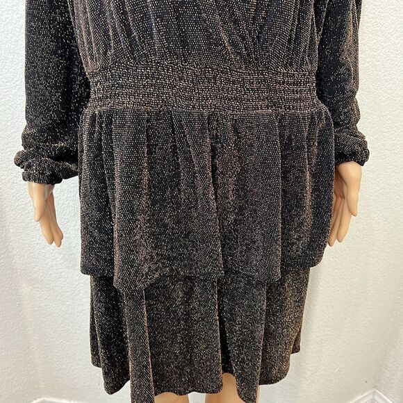 Michael Kors Womans Dress Sz 0X Bwown Gold VNeck Long Sleeve Ruffle Midi Stretch - Picture 6 of 11